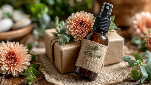 Brown bottle with label and gift box surrounded by flowers and greenery.