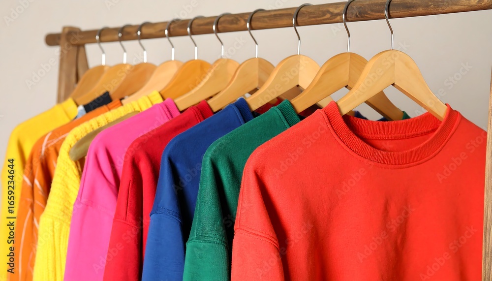 Obraz premium Colorful clothes on wooden hangers
