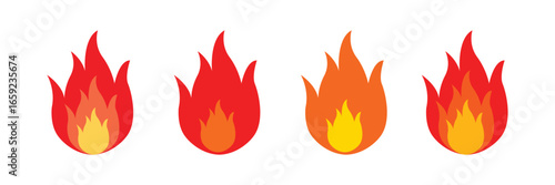 Vector fire flame icon set with burning symbols, fireball signs, campfire and bonfire flame illustration.