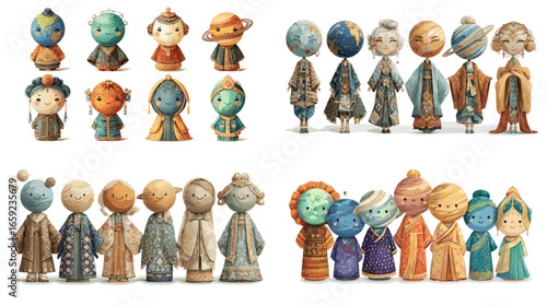 Whimsical planet characters wearing elegant robes inspired by celestial bodies. Cute fantasy illustration of solar system people with unique patterns and colors, isolated on white background.