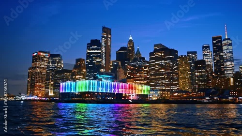 Luminous skyline of New York, USA at night. Travel on boat along the colorful bar located on the pier.