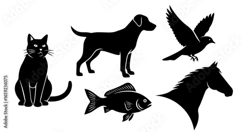 A collection of five black animal silhouettes including a cat, dog, bird, fish, and a horse head.
