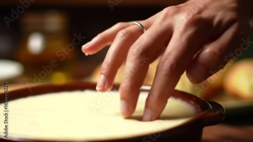 Hand smoothing a liquid substance in a dish