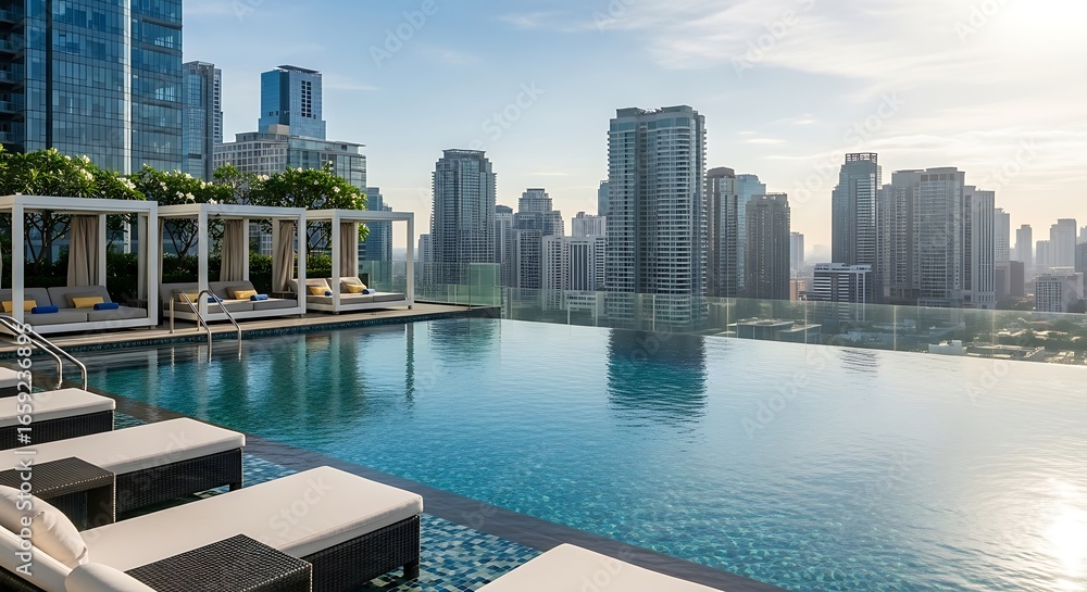 Naklejka premium Luxurious Rooftop Infinity Pool with Panoramic City Skyline View at Sunset, Modern Urban Resort Architecture and Design