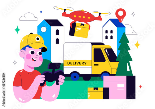 Drone Delivery Service Illustration featuring a Shipping Parcel Package with Modern Technology using Remote Control Air Logistics in a Background