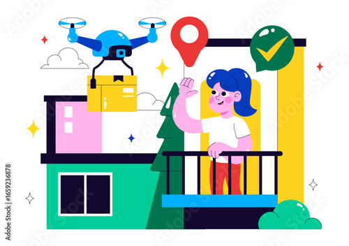 Drone Delivery Service Illustration featuring a Shipping Parcel Package with Modern Technology using Remote Control Air Logistics in a Background