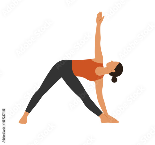 Flat vector of Triangle Pose with wide stance; one hand to foot, other arm raised. Minimal, isolated on white for alignment, balance, lateral stretch and yoga teaching graphics.
