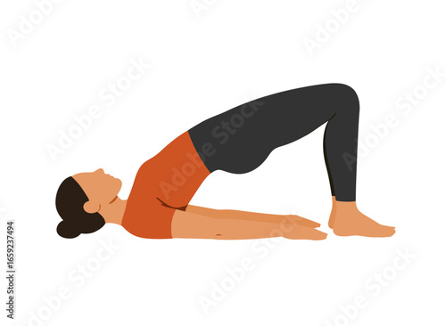 Flat vector of Bridge Pose, person on back with knees bent and hips lifted. Clean minimal shapes, isolated on white for strength, glute activation and restorative yoga concepts.
