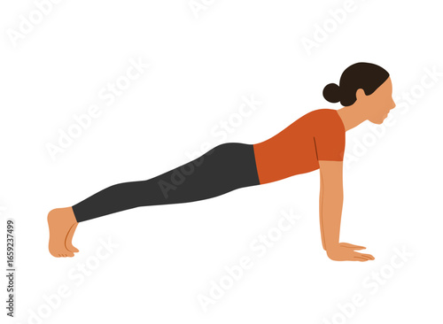 Flat vector of a straight-arm Plank; body in one line, core engaged. Minimal design with top shadow, isolated on white for strength, stability and calisthenics concepts.