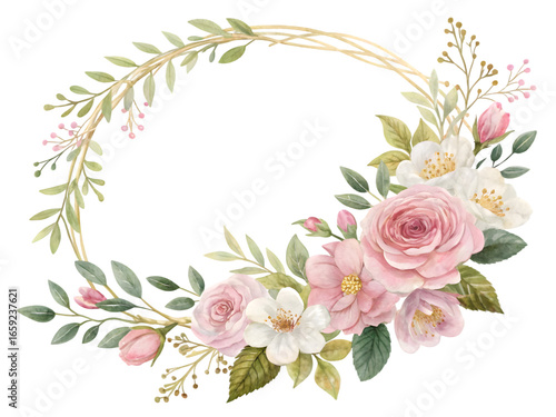 Delicate pink roses white blossoms green leaves gold oval frame isolated on a transparent background