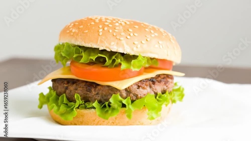 Juicy burger with fresh lettuce, tomato, and cheese slice between a sesame seed bun, sitting on a white surface