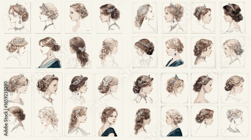 Stylish vintage women’s hairstyles drawn in delicate sketch and pastel tones. Fashion and beauty illustration perfect for editorial design, salon decor, and aesthetic branding visuals.
