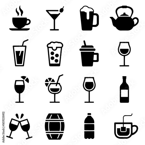 Beverages or drinks icon set. Containing bottle, wine glass, coconut, mineral water, tea, coffee, beer, soda can, juice, cup, cocktail. Vector illustration