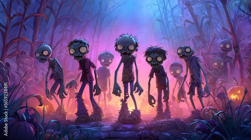 A cartoon illustration of a zombie horde walking through a cornfield at nighttime with pumpkins halloween art