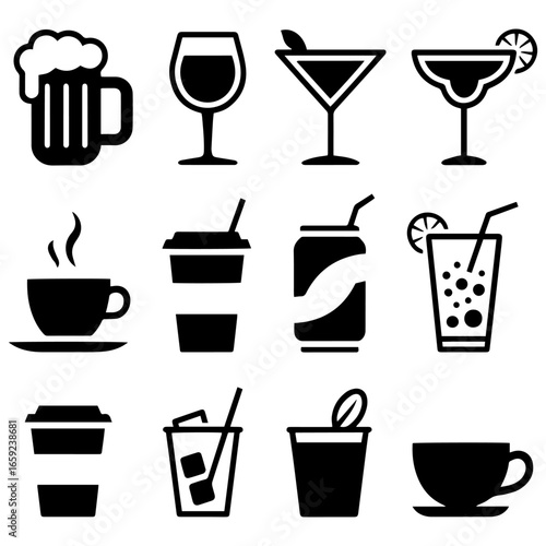 Beverages or drinks icon set. Containing bottle, wine glass, coconut, mineral water, tea, coffee, beer, soda can, juice, cup, cocktail. Vector illustration