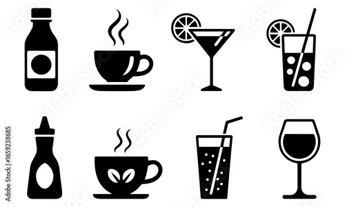 Beverages or drinks icon set. Containing bottle, wine glass, coconut, mineral water, tea, coffee, beer, soda can, juice, cup, cocktail. Vector illustration