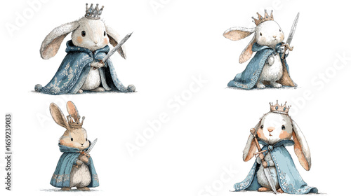 Cute royal bunnies dressed as knights with swords and crowns. Whimsical watercolor illustration perfect for children’s stories, fairytale art, and fantasy character design projects.
