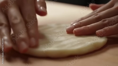 Hands flattening a round piece of dough