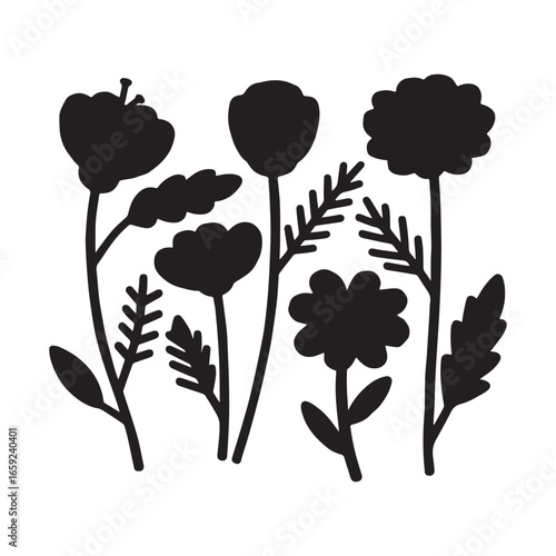 A collection hand drawn daisy flowers element isolated silhouette vector design. 