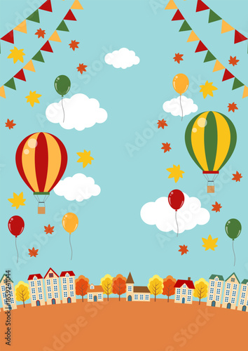 秋、街並み、気球、行楽、背景、かわいい、イラスト、縦、空