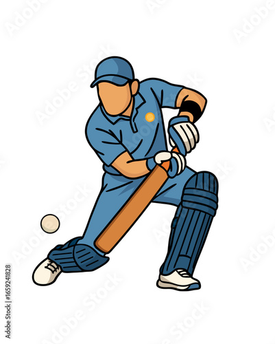 Indian cricketer in blue playing a front-foot shot, pads and gloves visible, eyes on the ball. Clean isolated vector for sports news, T20 posters, match updates and team graphics.