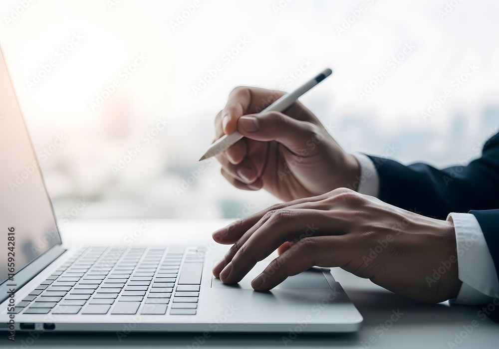 Fototapeta premium Businessman in a suit using a digital stylus pen while working on a laptop computer in a modern office.