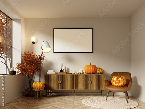 Modern Halloween interior featuring decorative pumpkins and warm colors 3D render illustration