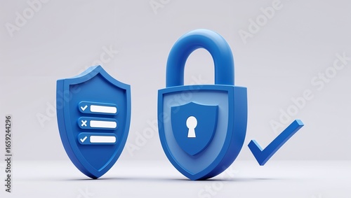 3D illustration of a blue security lock with a shield, password field, and a checkmark badge. Minimalistic, modern, and professional style. White background 