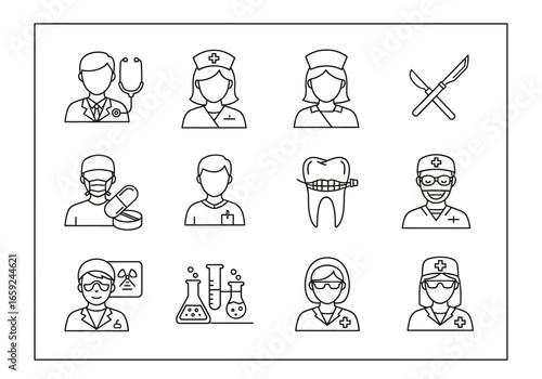 Medical and healthcare professionals line icon set. A collection of vector symbols for doctor, nurse, surgeon, and scientist.