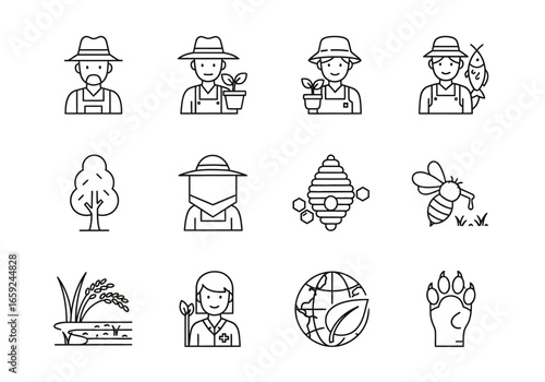Agriculture and farming line icon set with symbols for farmer, beekeeper, and ecology.