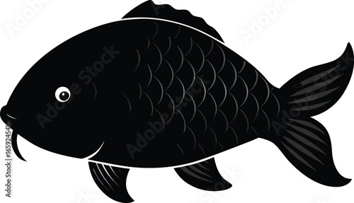 A black and white logo type fish silhouette design