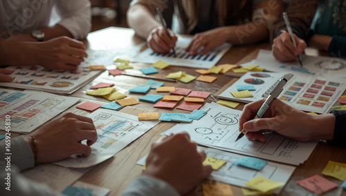 A collaborative business meeting with people brainstorming using colorful sticky notes, charts, and reports spread across the table for planning and strategy development.