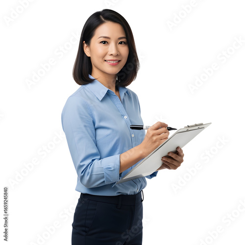 Asian woman writes on clipboard with marker She wears a blue shirt on white or transparent background