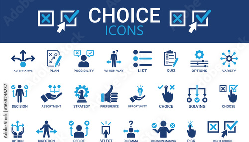 Choice icon set. Containing decision, option, selection, dilemma, select, preference, quiz, opportunity and more—vector solid icons collection.