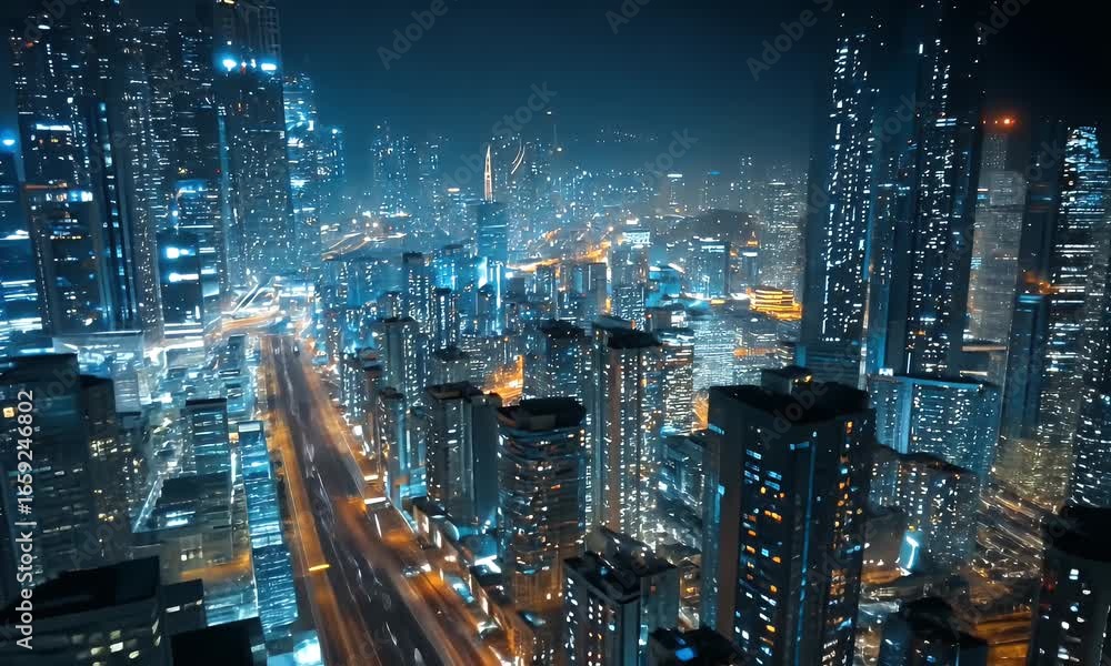 custom made wallpaper toronto digitalNight City Skyline Aerial View Blue And Orange City Lights Glowing At Night