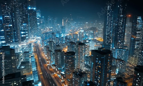 Night City Skyline Aerial View Blue And Orange City Lights Glowing At Night