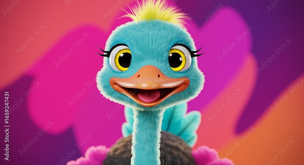 Obraz premium Adorable fluffy blue cartoon ostrich chick with big yellow eyes and orange beak