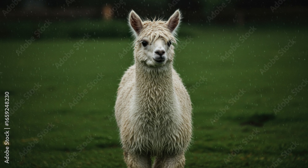 Fototapeta premium A wet, white alpaca stands in a verdant field, rain gently falling, its soft fur slightly matted, gazing directly at the camera with a curious expression