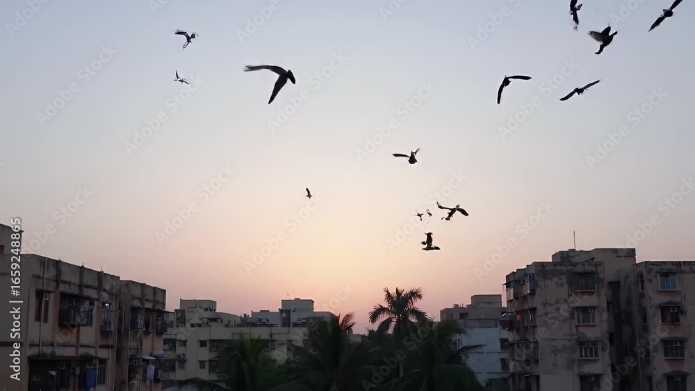 Eye Level View of Urban Sunset with Silhouette Buildings and Birds Flying Through Window Opening Capturing Freedom and Tranquility with Lush Green Palm Trees in the City Scape Eye Level View of Urban Sunset with Silhouette Buildings and Birds Flying Through Window Opening Capturing Freedom and Tranquility with Lush Green Palm Trees in the City Scape