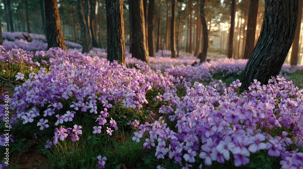 Naklejka premium Lilac flowers carpet a sunlit forest floor