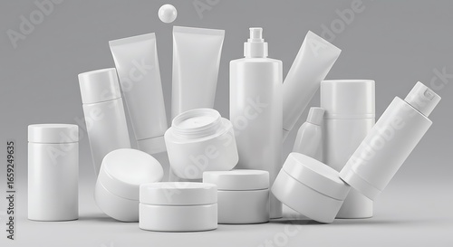 Wallpaper Mural Assortment of White Cosmetic Packaging Containers and Tubes on a Gray Background Torontodigital.ca