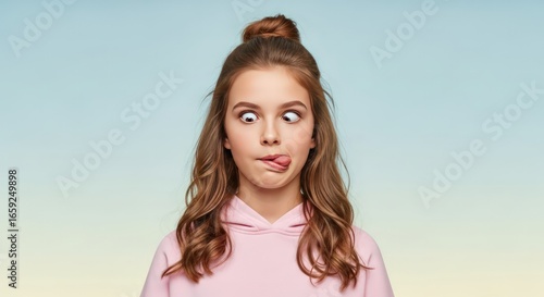 Funny Teenage Girl Making a Silly Face, Cross-Eyed and Sticking Out Tongue