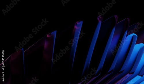 Black 3D background with abstract crystal pattern, glass chromatic cube block shapes render, neon light holographic gradient and blue purple caustic effect. 3D illustration