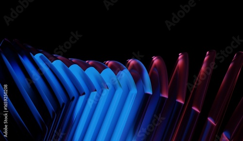 Blue purple caustic effect with neon light holographic gradient, black 3D background, and glass chromatic cube block shapes render. Abstract crystal pattern. 3D illustration