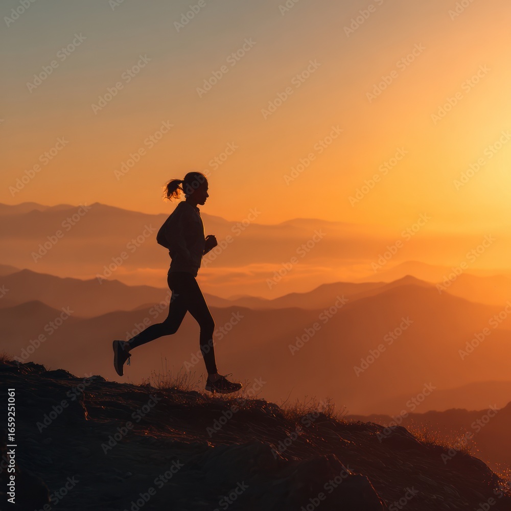 Fototapeta premium Energetic Woman Running on Mountain Trail at Sunrise with Fog
