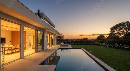 Modern house with pool at dusk, interior visible through large windows, lawn and sunset in background