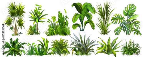 Set of green tropical leaves and plants silhouettes isolated on white background, vector illustration.
