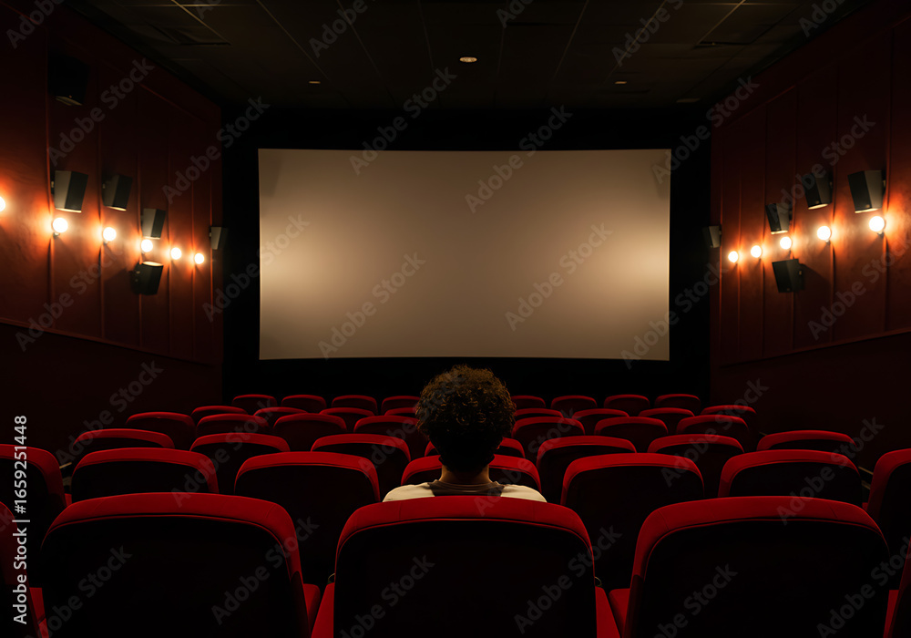 Fototapeta premium A lone person sits in a dimly lit, empty cinema, facing a large, illuminated movie screen.