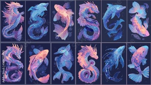 Fantasy celestial fish and dragon illustrations in glowing blue and pink tones. Elegant underwater and cosmic theme ideal for decor, fantasy art, and digital design elements.
