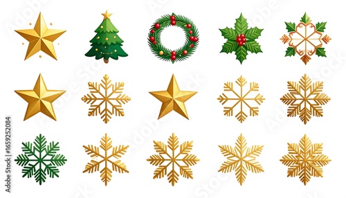 Christmas design elements. Flat, colorful gold and green ornaments